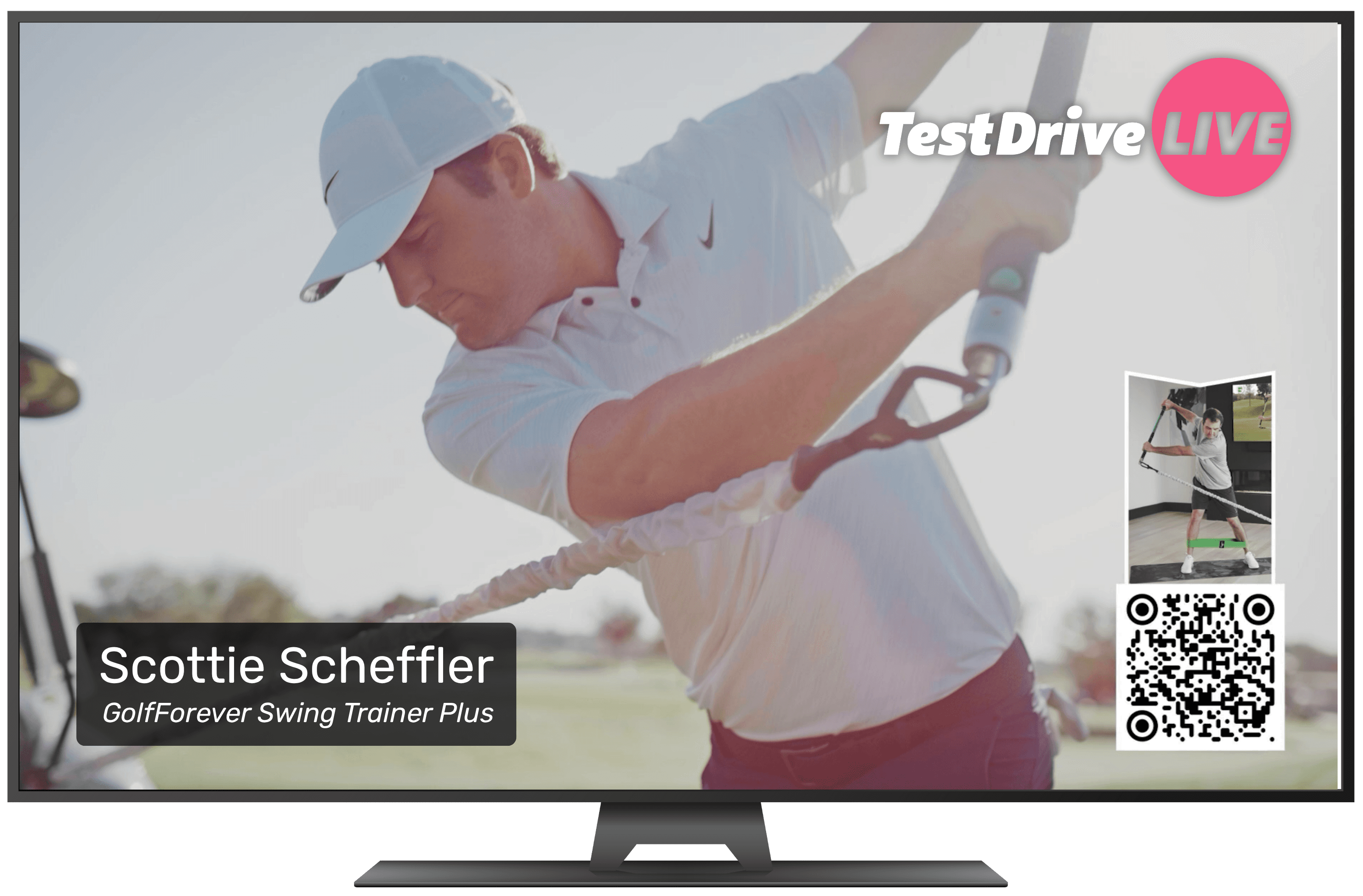 Scottie Scheffler, world No.1 golfer and 2025 PGA Tour winner, holding his exclusive GolfForever Swing Trainer Plus—available exclusively on TestDriveLive.com—on the course; showcasing the pro‑trusted golf training tool that builds swing power, mobility, and consistency.