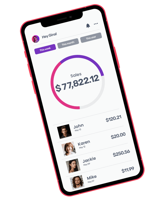 Sales dashboard mobile app showing $77,822.12 in sales with team member performance